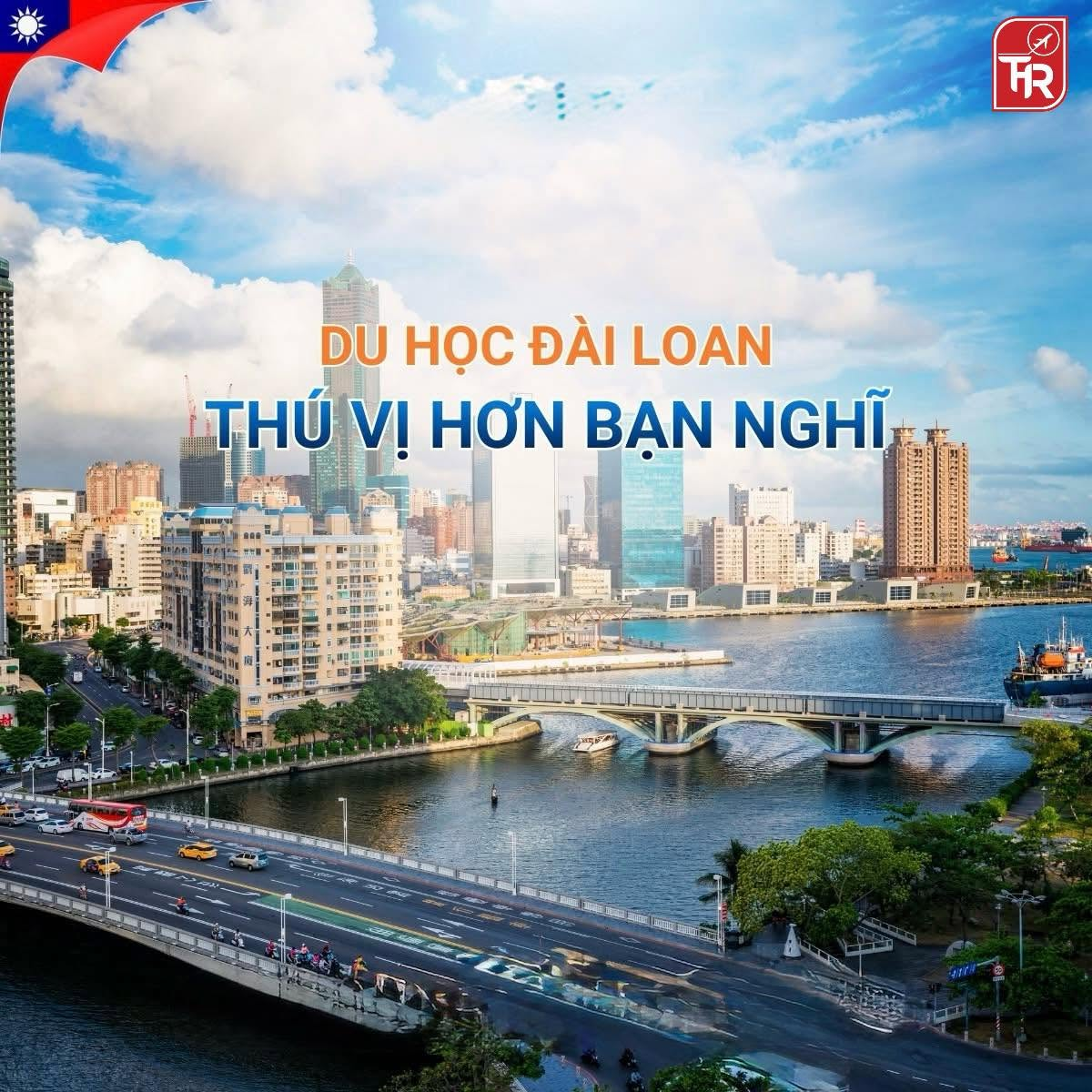 Hình giới thiệu du học Đài Loan của THR GROUP trên nền ảnh đô thị ven sông