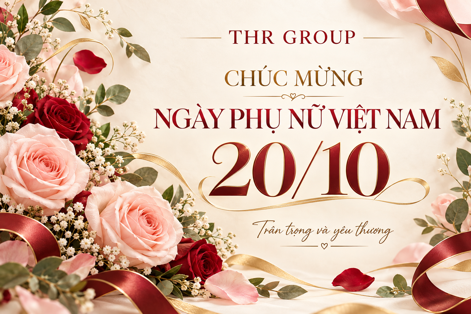 Thiệp chúc mừng Ngày Phụ nữ Việt Nam 20/10 của THR GROUP với hoa hồng trên nền trắng ngà